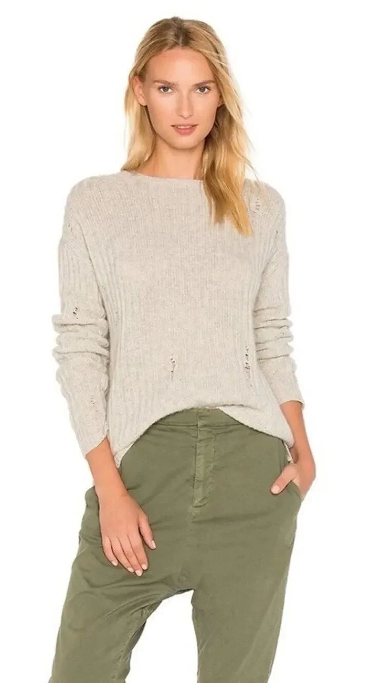 Nili Lotan Baxter Distressed Cashmere Sweater Gray Medium 100% Cashmere